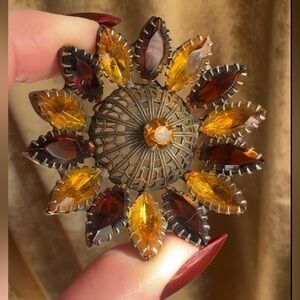 Vintage Gemstone Brooch, Navette Cut, Flower, Topaz, Amber, Brasstone, 2in